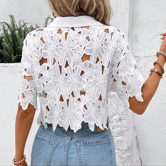 Women Solid Color Simple Hollow Out Fashion Shirt - Picture 2 of 3